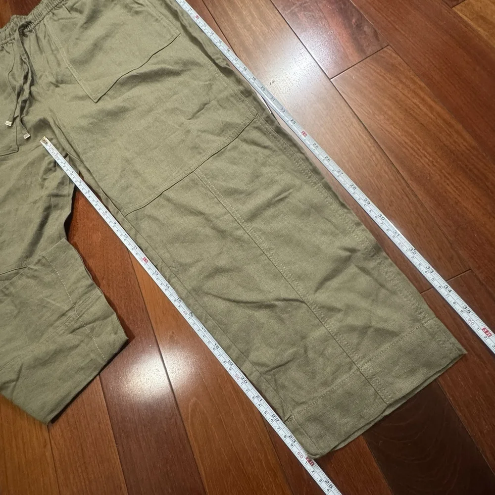 NWT Zara Linen Blend Cargo Pants Size:L Pockets Pull On women Olive Lightweight
